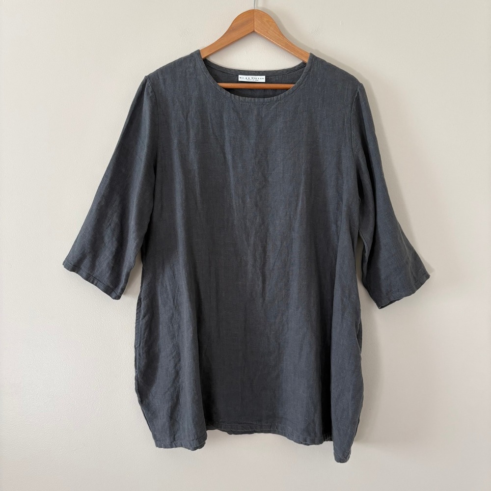 Bryn Walker Tunic Top S Gray Lagenlook Linen 3/4 Sleeve Pockets Made in USA